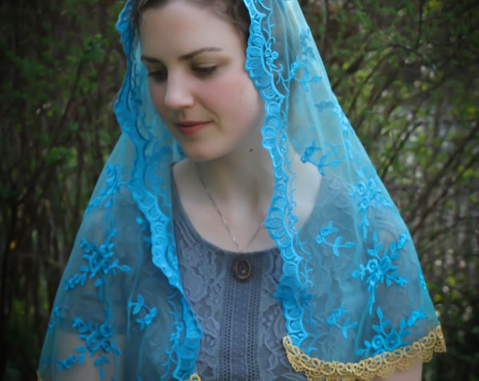 Evintage Veils~ Our Lady Turquoise & Gold  Embroidered Lace Chapel Veil Mantilla Latin Mass D Shaped  Veil