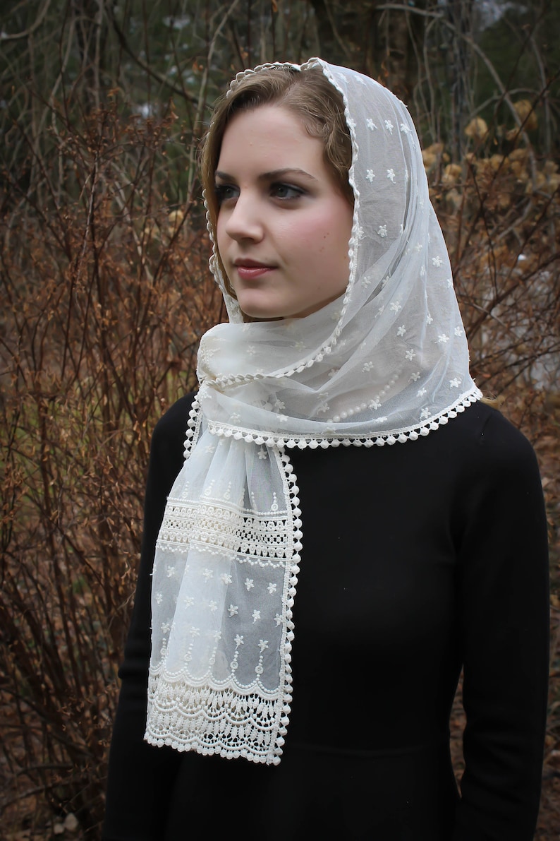 Evintage Veils Stella Maris Ivory or Black Small Wrap-Style Chapel Veil Mantilla Latin Mass image 1