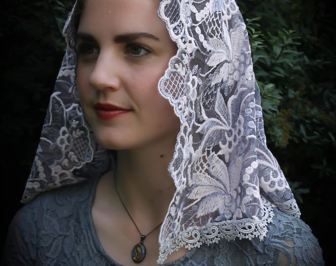 Evintage Veils~ READY TO SHIP Soft Dove Grey D Shaped Embroidered  Lace Chapel Veil Mantilla