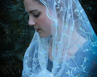 Evintage Veils~  St. Therese Little Flower Marian Blue Wrap Style Veil