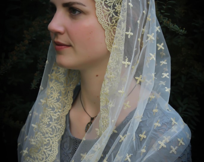 Evintage Veils~ Holy Cross Gold Embroidered  Traditional Black  or White Vintage Inspired Infinity Shape Mantilla Chapel Veil