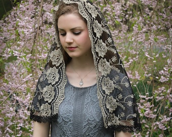 Evintage Veils~ Our Lady of Guadalupe Floral Black & Gold Embroidered D Shaped Veil