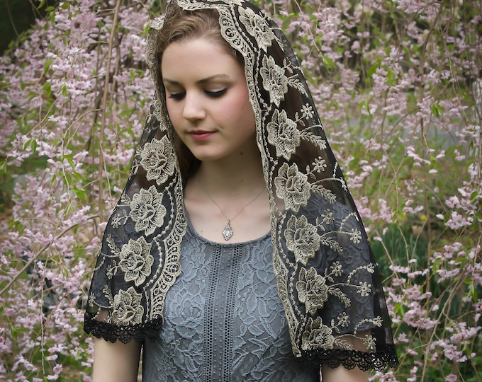 Evintage Veils~ Our Lady of Guadalupe Floral Black & Gold Embroidered D Shaped Veil