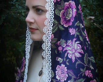 Evintage Veils~ Deep Blue Velvet Raining Roses  Wrap Mantilla Floral Vintage Inspired Lace Chapel Veil Scarf Mantilla-