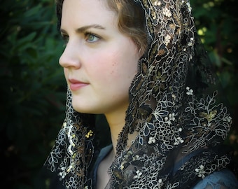 Evintage Veils~ Queen of Peace Sequin Embroidered Lace Mantilla Infinity Veil Latin Mass