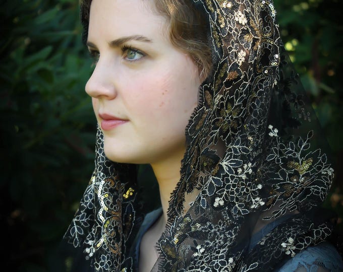 Evintage Veils~ Queen of Peace Sequin Embroidered Lace Mantilla Infinity Veil Latin Mass