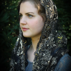 Evintage Veils~ Queen of Peace Black Sequin Embroidered Lace Chapel Veil Mantilla Infinity Veil Latin Mass