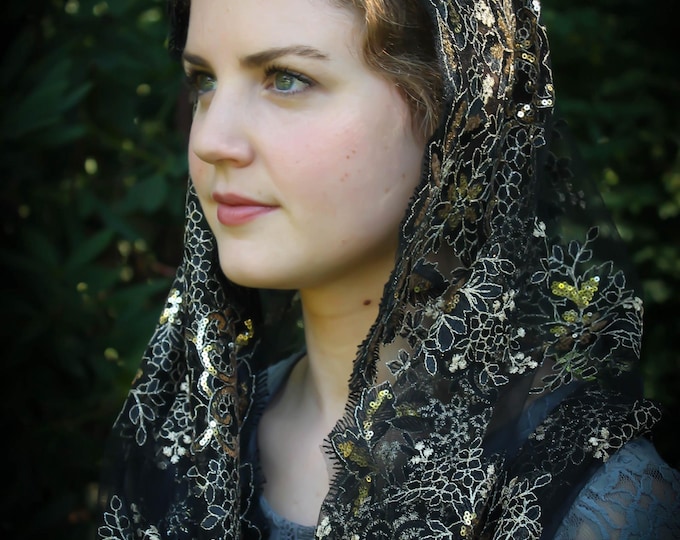 Evintage Veils~ Queen of Peace Black Sequin Embroidered Lace Chapel Veil Mantilla Infinity Veil Latin Mass