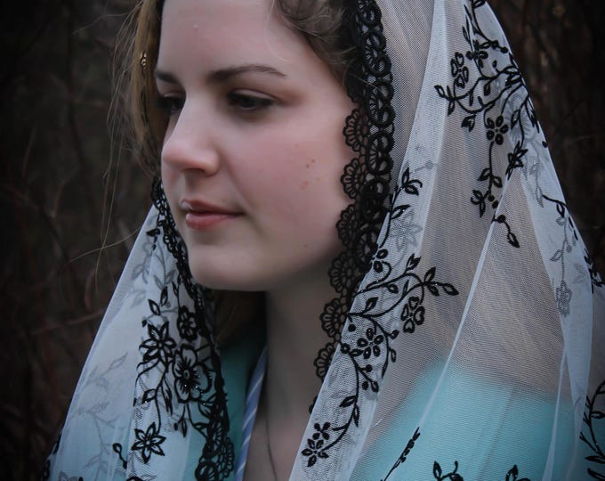 Evintage Veils~  Our Lady of the Rosary Rich Black and White Floral  Vintage Inspired Lace Chapel Veil Scarf Mantilla Wrap