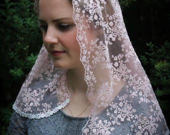 Evintage Veils~ Our Lady of the Rosary "Joyful Mysteries" Rose Vintage Inspired Lace Chapel Veil D Shape