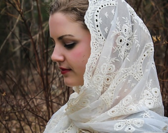 Evintage Veils~ Our Lady of Fatima Ivory Embroidered  Lace Chapel Veil Mantilla Wrap Style Veil  Latin Mass