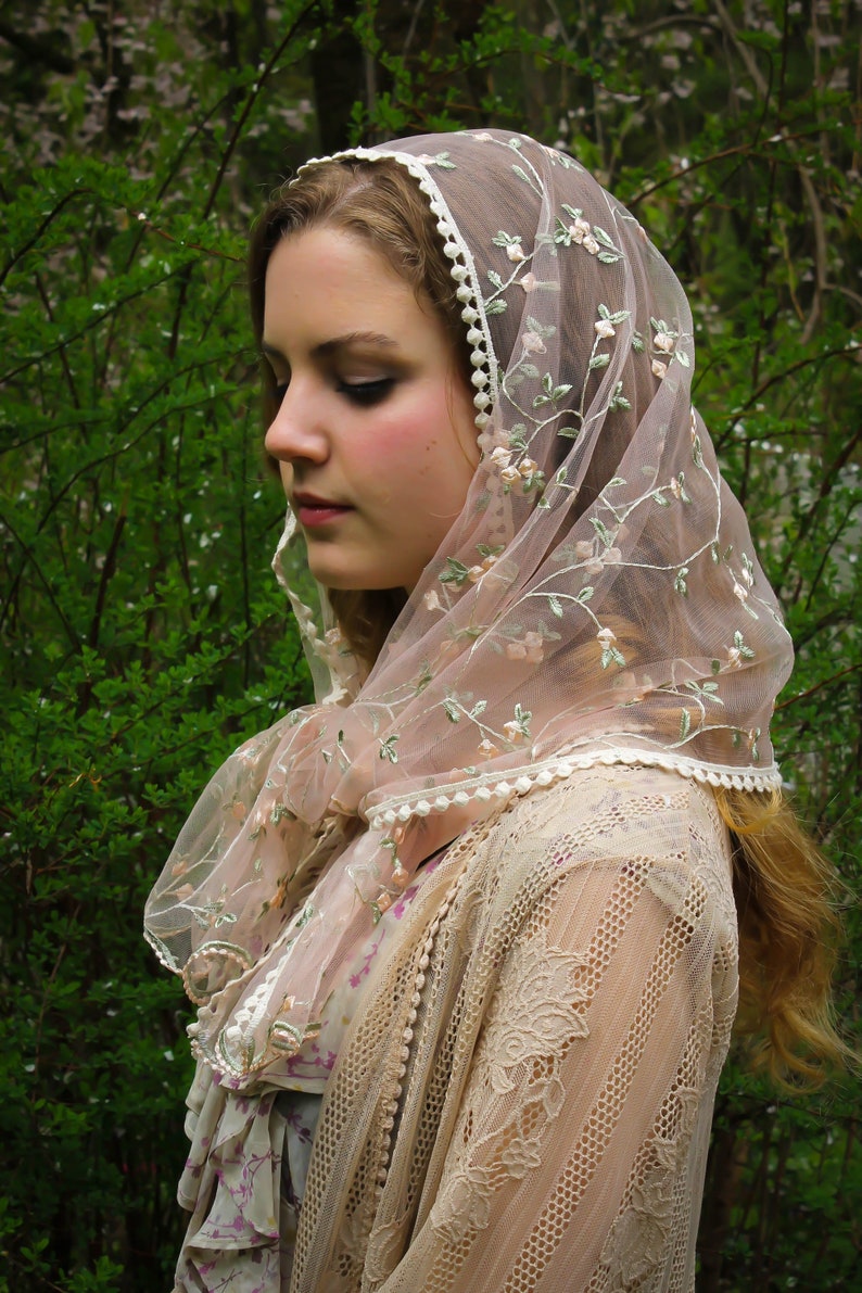 May include: A sheer, blush-toned veil with delicate floral embroidery and a scalloped edge. The veil is draped over a lace-detailed garment, creating a soft, romantic aesthetic. The overall style suggests a vintage or bohemian theme.