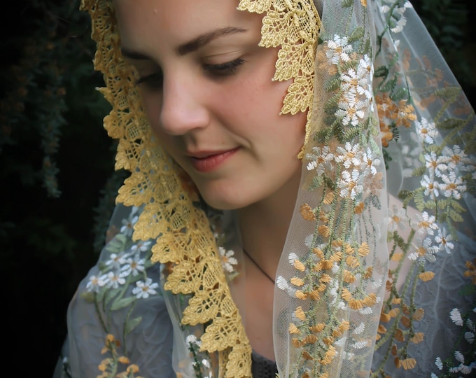 Evintage Veils~ Wrap Style Wildflowers  Gold Leaf Trim Floral Lace Vintage Inspired Lace Chapel Veil