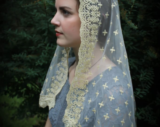 Evintage Veils~ Holy Cross Gold Embroidered  Traditional Vintage Inspired D Shape Mantilla Chapel Veil