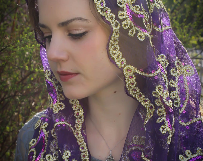 Evintage Veils~ READY TO SHIP Our Lady of Guadalupe Three Colors  Sequin Embroidered Lace Chapel Veil Mantilla Infinity Veil Latin Mass