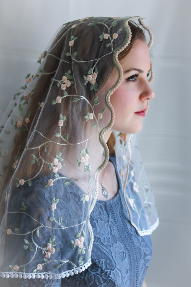 Evintage VeilsREADY TO SHIP Traditional D Shape Veil St. Therese Little Flower Marian Blue or Blush Rose Chapel Veil D Shape Blush Rose/Ivory