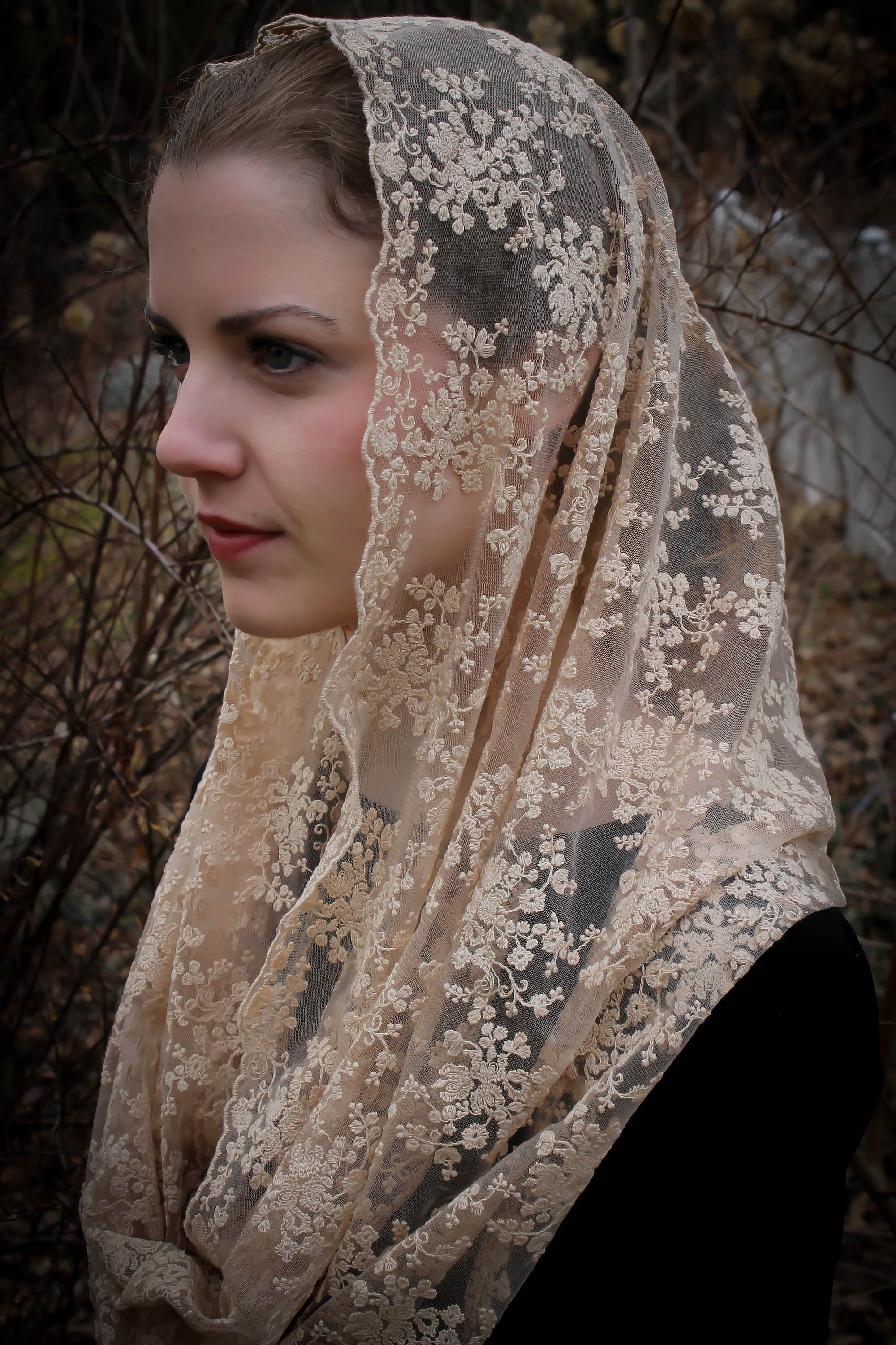 Evintage VeilsREADY TO SHIP Queen of Peace Soft Beige Embroidered Lace