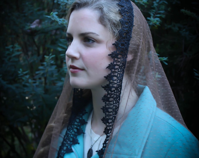 Evintage Veils~  St Francis Rich Brown Vintage Inspired Lace Chapel Veil Scarf Mantilla Wrap