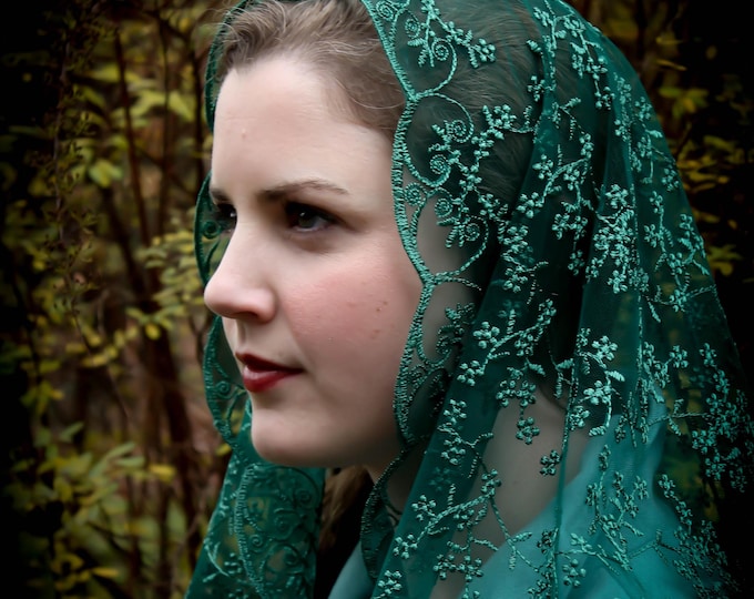 Evintage Veils~ Queen of Peace  Deep Green Chapel Veil Mantilla Veil