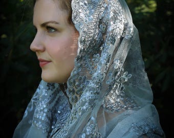 Evintage Veils~ READY TO SHIP Silver or  Rose Infinity Veil Embroidered  Lace Chapel Veil Mantilla