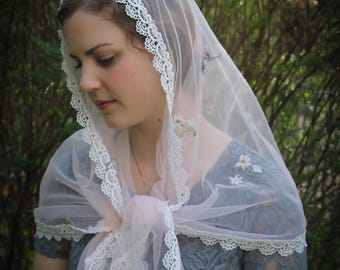 Evintage Veils~ Our Lady of the Rosary "Glorious Mysteries"  or Pink  Lace Chapel Veil Mantilla Wrap