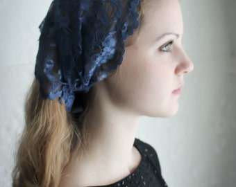 Evintage Veils~ Quiet  Blue Lace Lace So Soft Headwrap  Headband Kerchief Tie-style Head Covering Church Veil