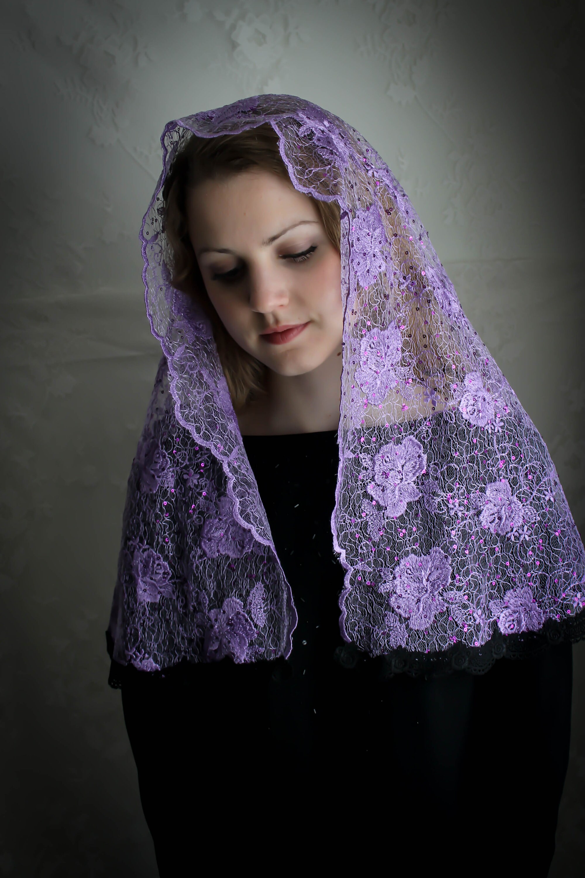 Evintage Veils Lent/Advent Purple Our Lady of Guadalupe Embroidered