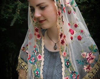 Evintage Veils~ READY TO SHIP "Beloved" Triangle Shaped Embroidered  Lace Chapel Veil Mantilla