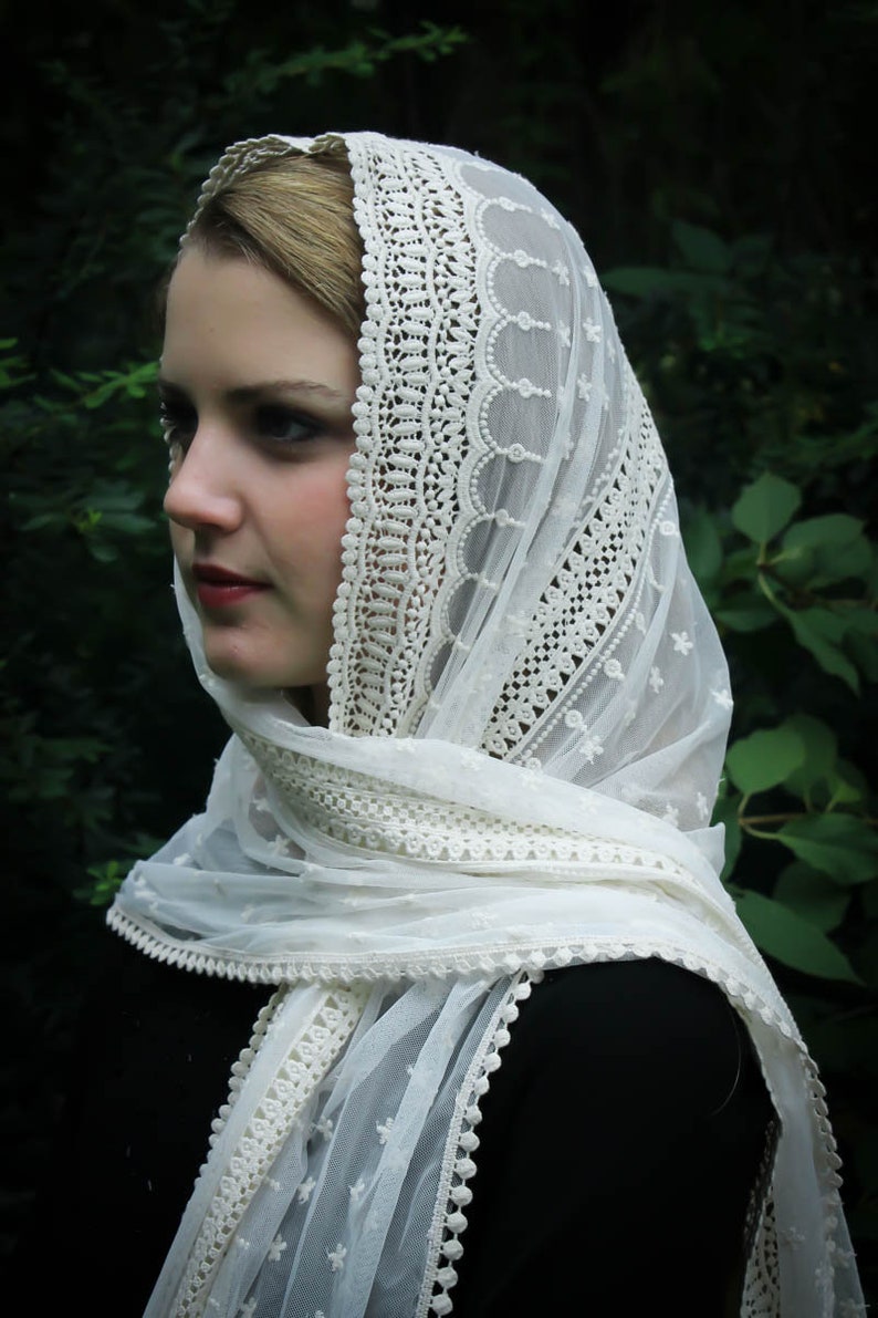 Evintage Veils READY TO SHIP Stella Maris Ivory or Black Wrap-Style Chapel Veil Mantilla Latin Mass image 2