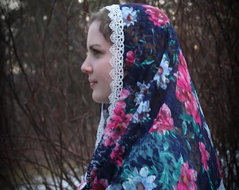 Evintage Veils~ "Our Lady of the Fields" Blue Wildflowers  Floral Wrap Veil