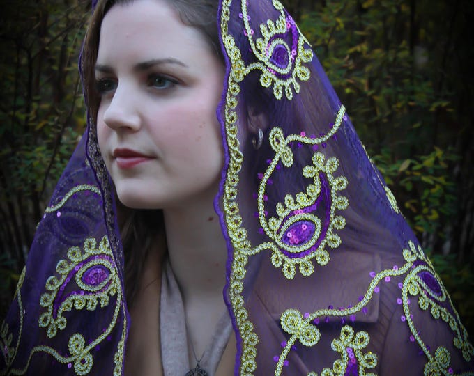 Evintage Veils~ Our Lady of Guadalupe Floral  Advent/Lent Purple & Gold Embroidered  D Shaped Veil