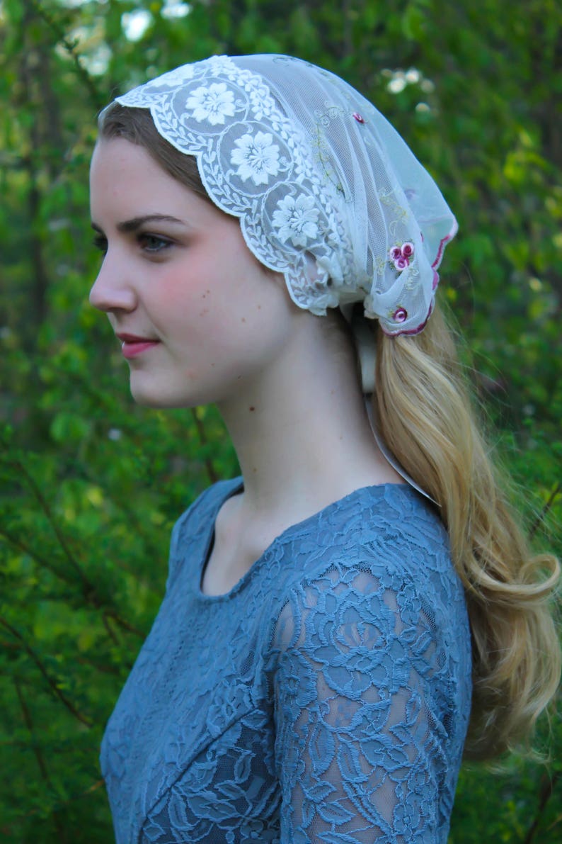 Evintage Veils St. Therese Little Flower& Lace Vintage-Inspired Headband Kerchief Tie-style Head Covering Church Veil image 3