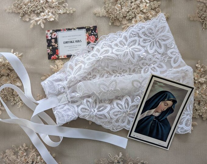 Evintage Veils~ Petal White Floral So Soft Headwrap Embroidered Lace Headband Kerchief Tie-style Head Covering Church Veil