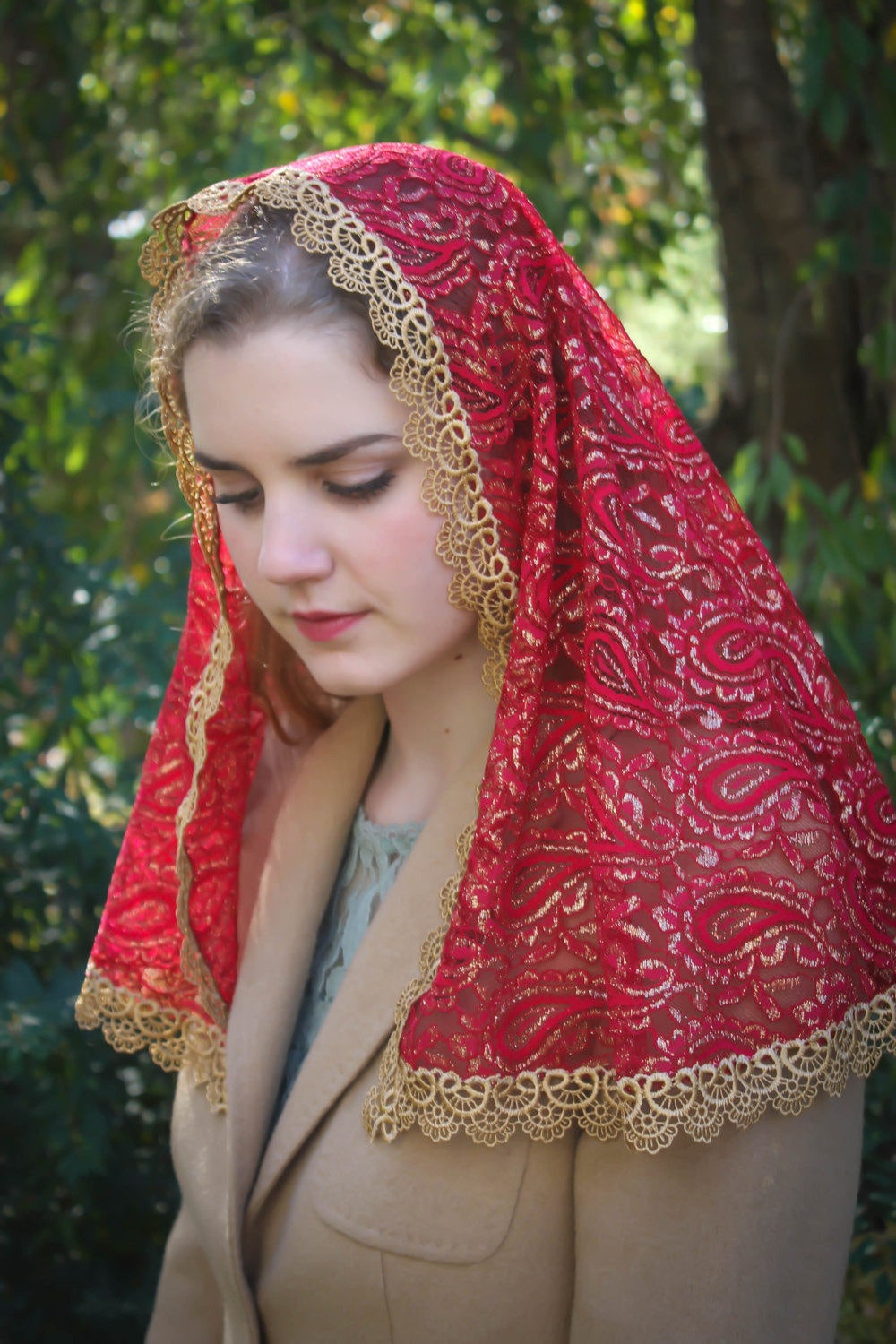 Evintage Veils~ Our Lady Red & Gold Lace Chapel Veil ...