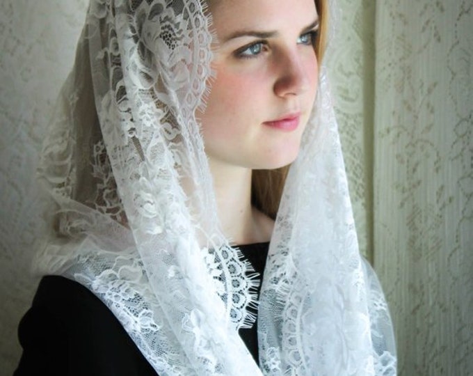 Evintage Veils: Ready to Ship White Spanish Style Lace Infinity Veil Chapel Veil Mantilla