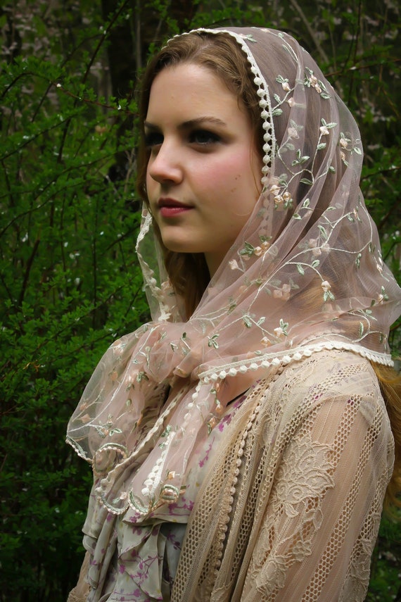 Evintage Veils~READY TO SHIP St. Therese Little Flower Chapel Mass Veil Wrap Style