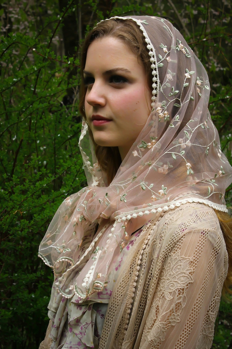 May include: A sheer, blush-colored veil with delicate floral embroidery and a scalloped edge. The veil is draped over a lace-trimmed garment, creating a soft, romantic aesthetic. The overall style suggests vintage or bohemian fashion.