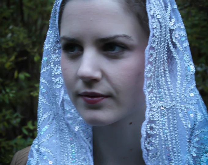 Evintage Veils~ READY TO SHIP Queen of Peace Champagne or Soft White Sequin Embroidered Lace Chapel Veil Mantilla Infinity Veil Latin Mass
