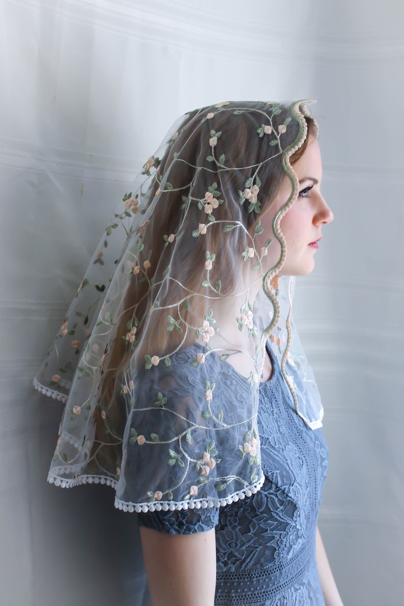 Evintage VeilsREADY TO SHIP Traditional D Shape Veil St. Therese Little Flower Marian Blue or Blush Rose Chapel Veil D Shape image 9