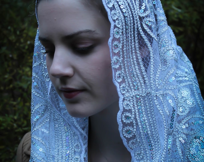 Evintage Veils~ READY TO SHIP Queen of Peace Soft White Sequin Embroidered Lace Chapel Veil Mantilla Infinity Veil Latin Mass