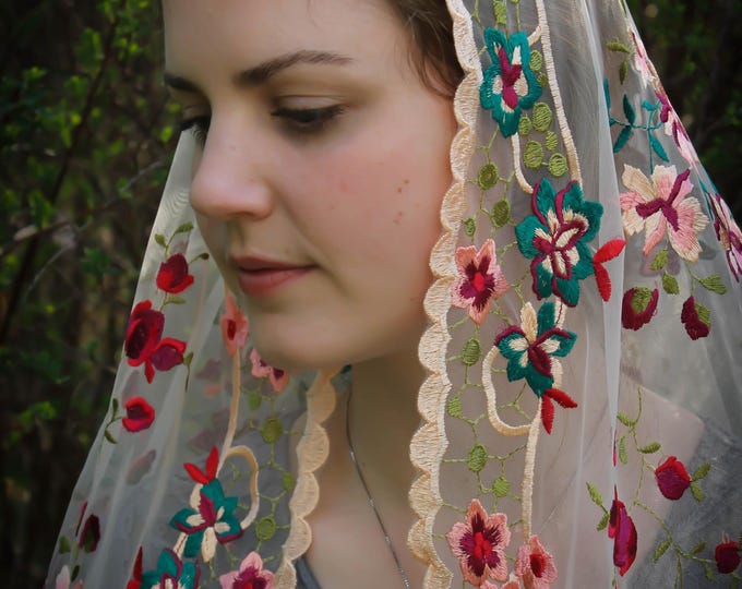 Evintage Veils~ READY TO SHIP "Beloved" D Shaped Embroidered  Lace Chapel Veil Mantilla