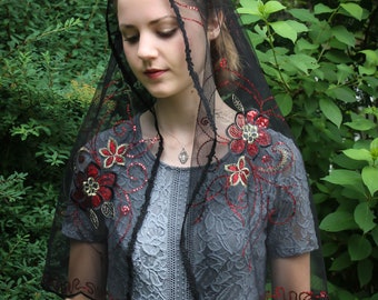 Evintage Veils~ Traditional Black Embroidered Vintage Inspired Lace Chapel Veil Mantilla Wrap Style Veil