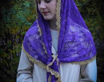 Evintage Veils~"Our Lady of the Fields" Purple Wildflowers Chapel Veil Mantilla Wrap Veil Advent Lent Veil