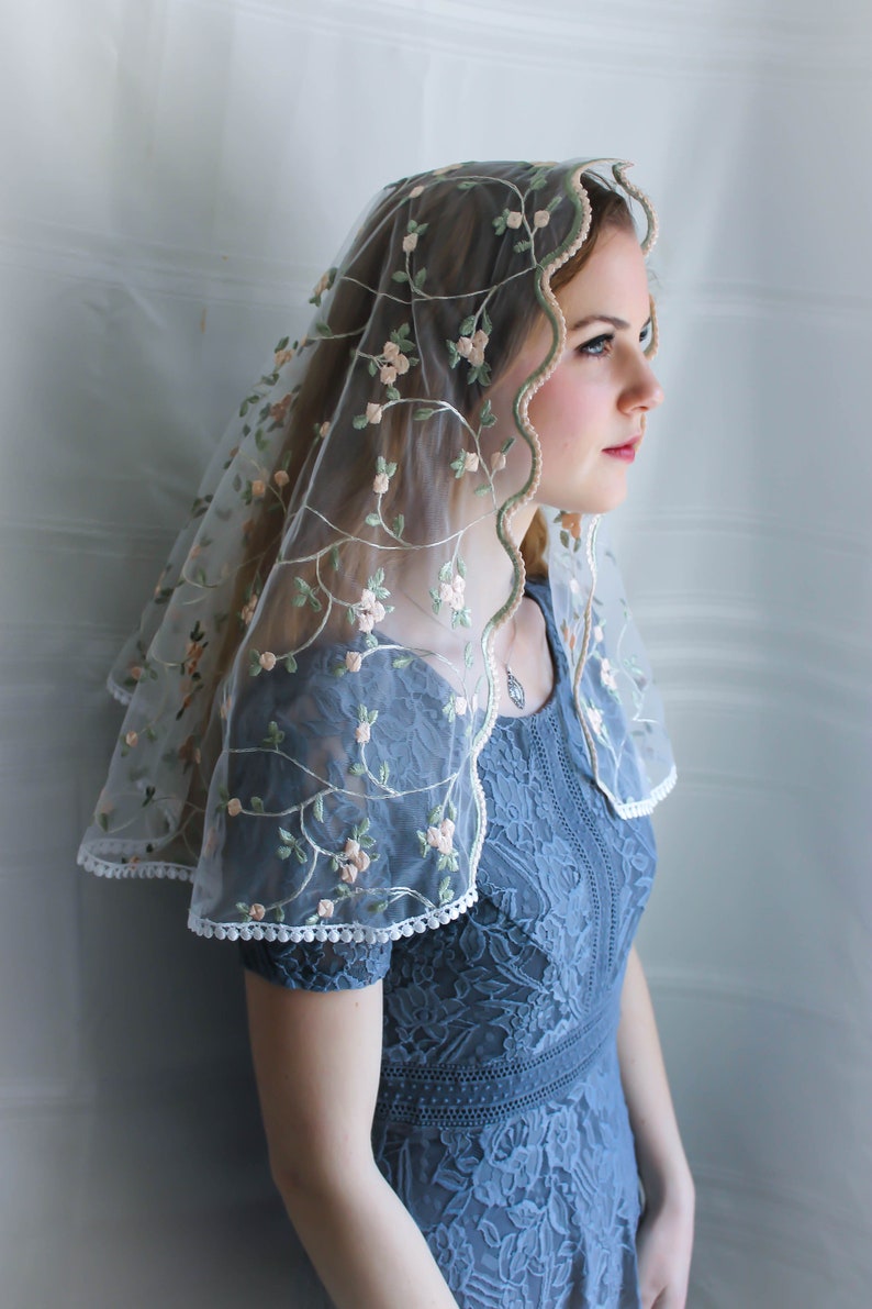 Evintage VeilsREADY TO SHIP Traditional D Shape Veil St. Therese Little Flower Marian Blue or Blush Rose Chapel Veil D Shape image 8