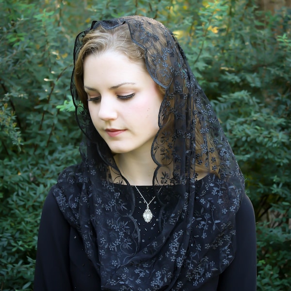 Evintage Veils~READY TO SHIP  Queen of Peace Soft Black Embroidered Lace Chapel Veil Mantilla Infinity Veil Latin Mass