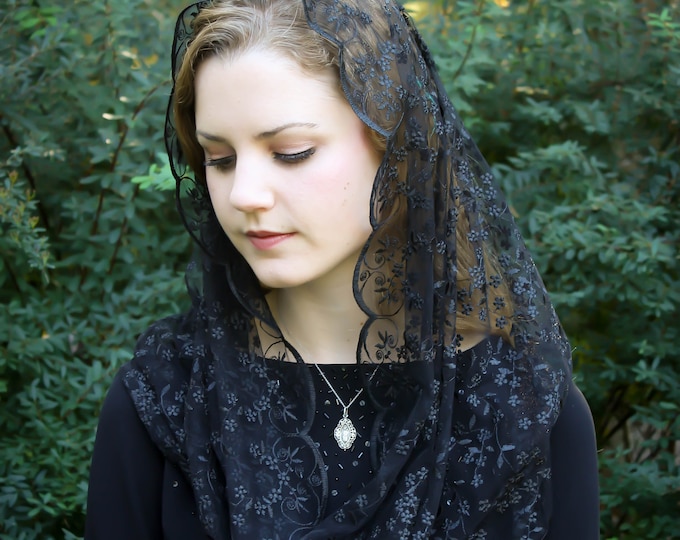 Evintage Veils~READY TO SHIP  Queen of Peace Soft Black Embroidered Lace Chapel Veil Mantilla Infinity Veil Latin Mass
