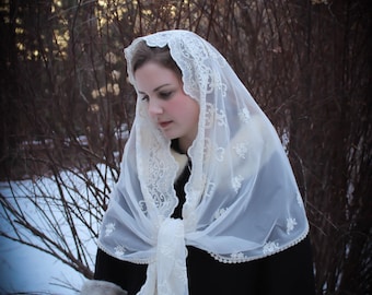 Evintage Veils~ Our Lady of Angels**  Ivory Vintage Inspired Lace Chapel Veil Mantilla Wrap-Style Veil