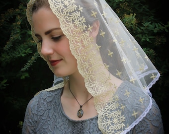 Evintage Veils~ Holy Cross Gold Embroidered  Lace Chapel Veil Mantilla Triangle Veil 2 Colors!