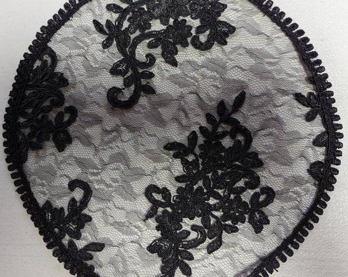 Evintage Veils: Elegant Black Vintage-Inspired   Floral Lace/ Venise Trim Chapel Cap Veil
