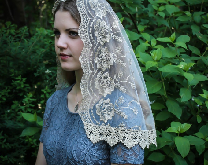 Evintage Veils~ Our Lady of Guadalupe Floral 4 Color Options Embroidered (Short) D Shaped Veil~  Soft and Light!